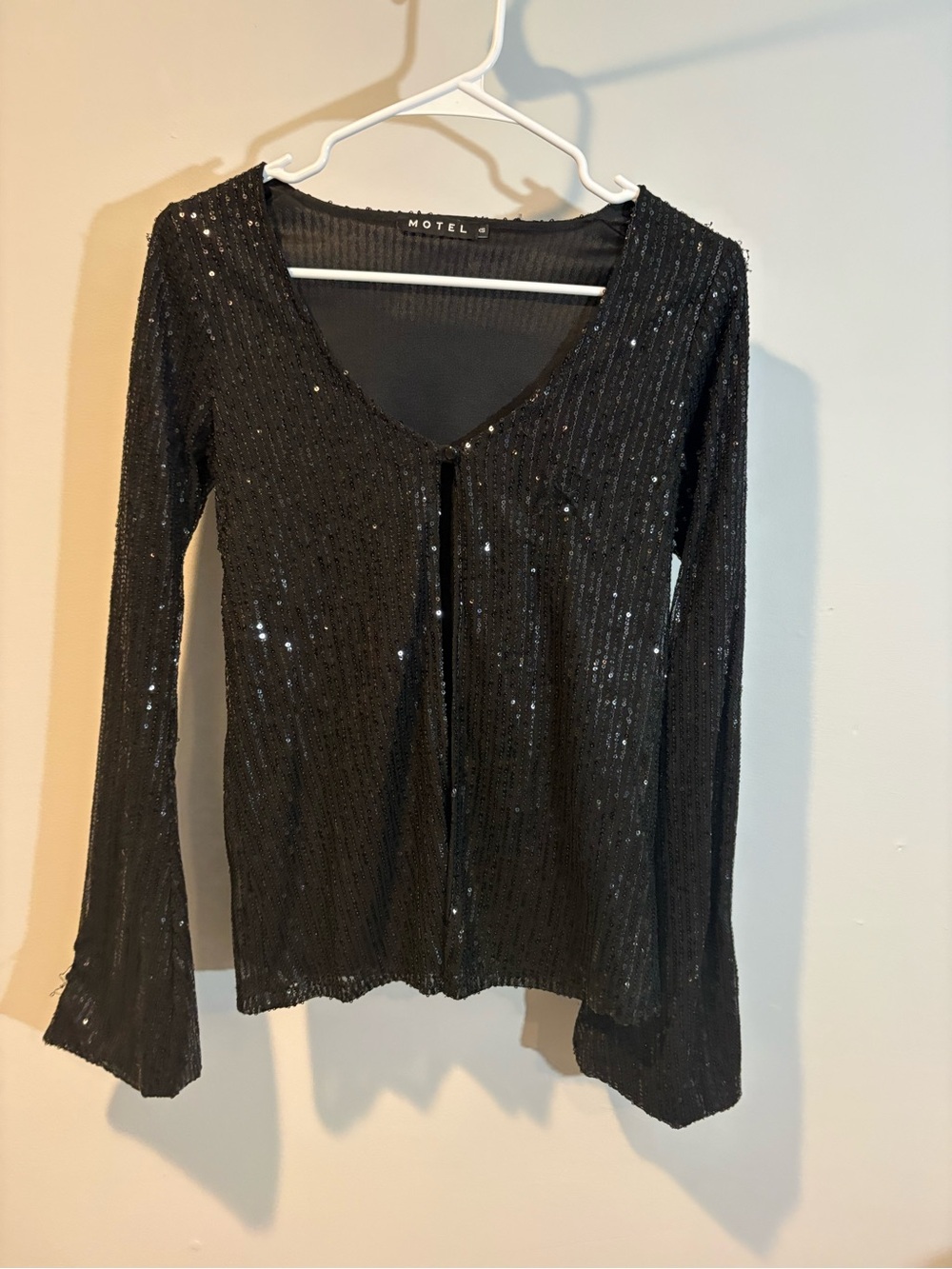 Motel Rocks Black Sequin V-Neck Long Sleeve Top